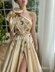 Champagne Floral Lace Satin Prom Dresses with Slit Pockets Bow One Shoulder TO002