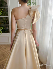 Champagne Floral Lace Satin Prom Dresses with Slit Pockets Bow One Shoulder TO002
