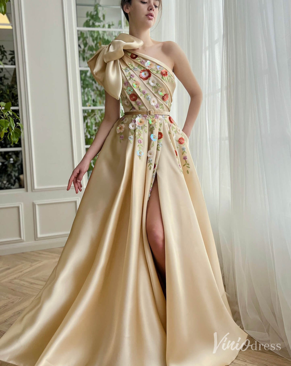 Champagne Floral Lace Satin Prom Dresses with Slit Pockets Bow One Shoulder TO002