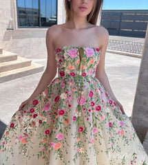 Champagne Floral Lace Strapless Prom Dresses Rosette Maxi Dress TO009