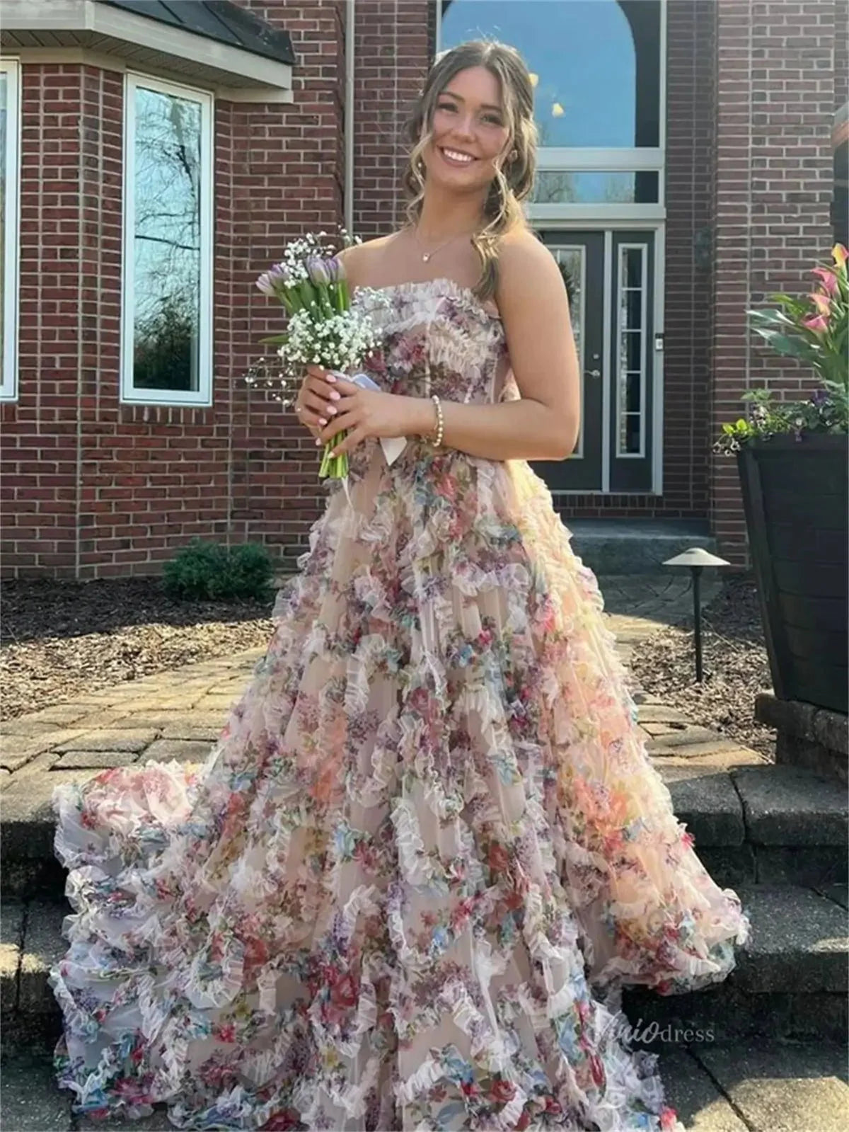 Champagne Floral Ruffled Prom Dresses Strapless Formal Dress - FD5308
