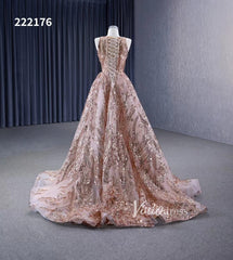 Champagne Gold Sequin Lace Prom Dresses Sleeveless Formal Dress 222176