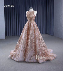 Champagne Gold Sequin Lace Prom Dresses Sleeveless Formal Dress 222176