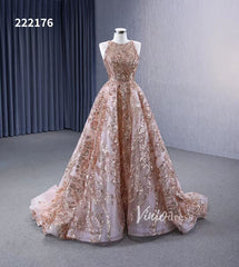 Champagne Gold Sequin Lace Prom Dresses Sleeveless Formal Dress 222176