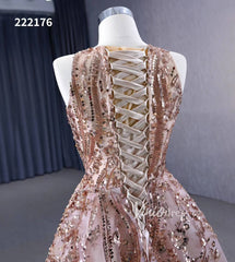Champagne Gold Sequin Lace Prom Dresses Sleeveless Formal Dress 222176