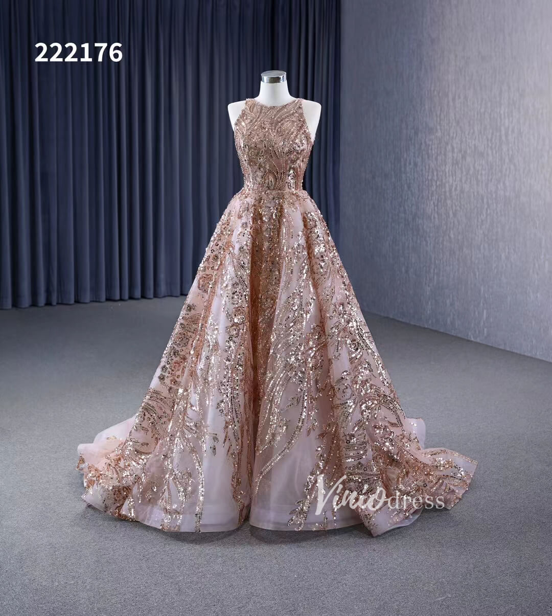 Champagne Gold Sequin Lace Prom Dresses Sleeveless Formal Dress 222176