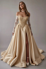Gorgeous Off-the-Shoulder Satin Aline Wedding Dresses Front Split Long Sleeves Bridal Gown