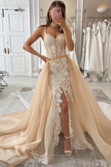 Gorgeous Tulle Lace Ivory Mermaid Wedding Dress Front Split with Detachable Train