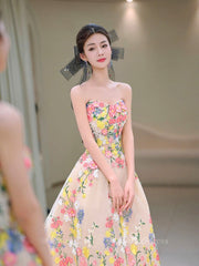 Champagne Lace Applique Prom Dresses Strapless Maxi Dress 90065