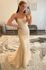 Mint Green Lace Mermaid Backless Long Prom Dresses Sleeveless Evening Dresses