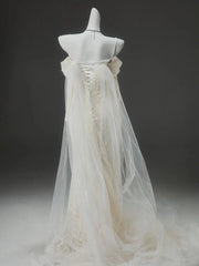 Champagne Lace Sheath Wedding Dresses with Long Sleeve, Spaghetti Straps & Corset Back - CQ0144