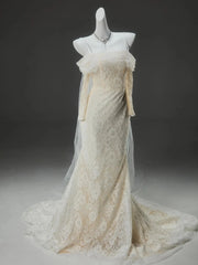 Champagne Lace Sheath Wedding Dresses with Long Sleeve, Spaghetti Straps & Corset Back - CQ0144