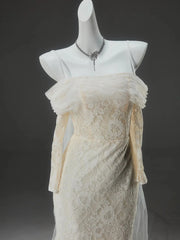 Champagne Lace Sheath Wedding Dresses with Long Sleeve, Spaghetti Straps & Corset Back - CQ0144