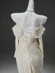 Champagne Lace Sheath Wedding Dresses with Long Sleeve, Spaghetti Straps & Corset Back - CQ0144