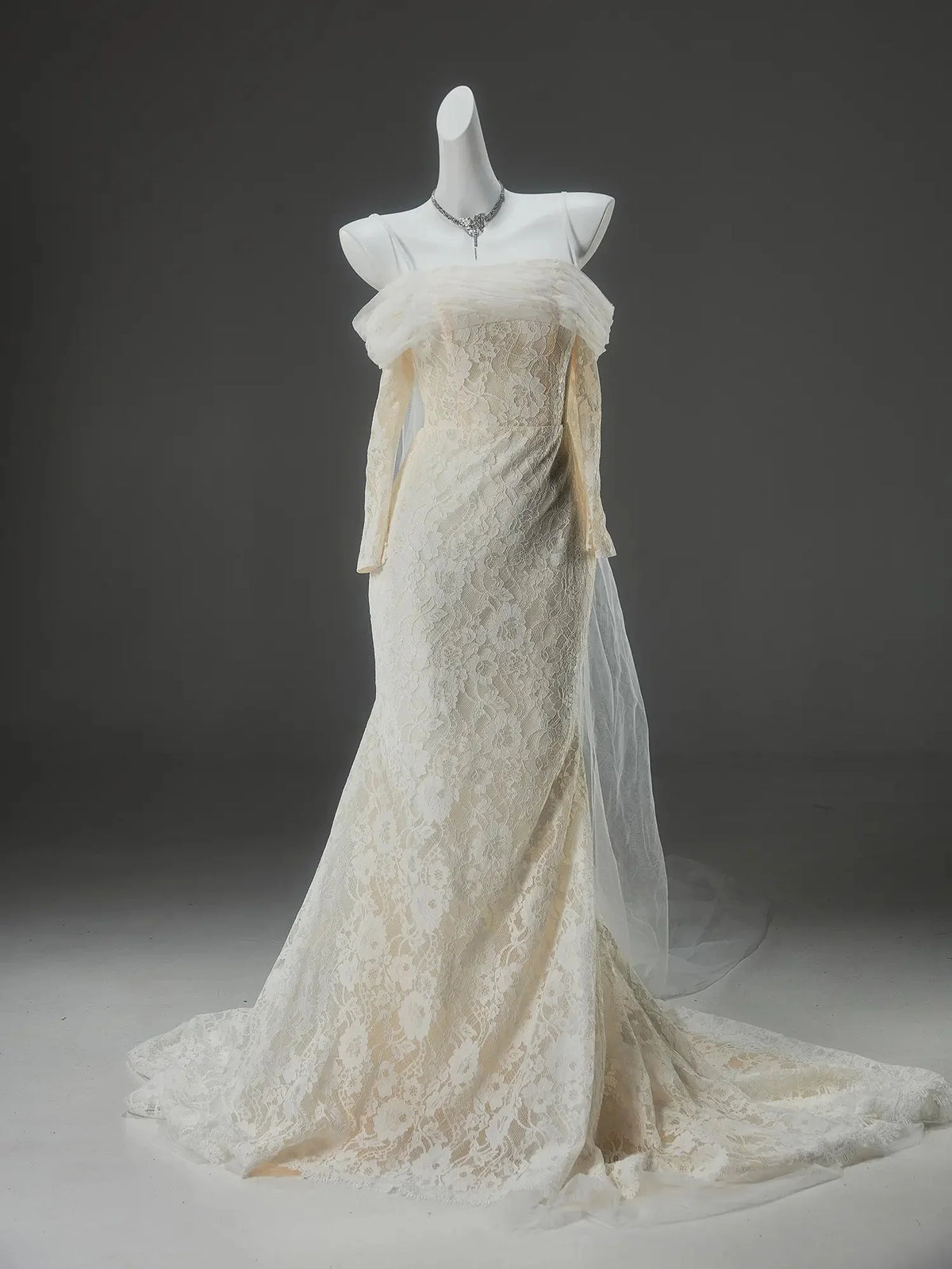 Champagne Lace Sheath Wedding Dresses with Long Sleeve, Spaghetti Straps & Corset Back - CQ0144