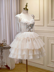 Champagne Mini / Robe de bal courte, robe de retour à la maison gonflée avec dentelle