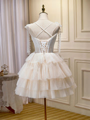 Champagne Mini / Robe de bal courte, robe de retour à la maison gonflée avec dentelle