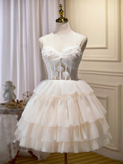Champagne Mini / Robe de bal courte, robe de retour à la maison gonflée avec dentelle