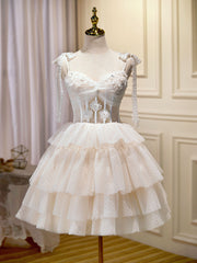 Champagne Mini / Robe de bal courte, robe de retour à la maison gonflée avec dentelle