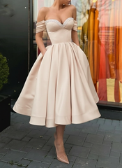Off Shoulder Satin Tea Length Prom Dresses Sequins Pink Formal Graduation Evening Dresses
