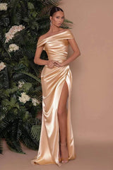 Champagne Off-The-Shoulder Mermaid Prom Dress with Split