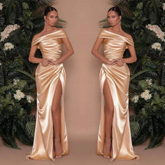 Champagne Off-The-Shoulder Mermaid Prom Dress with Split