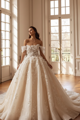 Beautiful Off-the-Shoulder Aline Wedding Dress Lace Appliques Ball Gown
