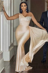 Champagne One Shoulder Ruffles Crystal Prom Dresses