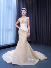Champagne Pearl Mermaid Wedding Dresses Strapless Pageant Dress 67528