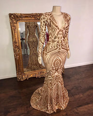 Champagne Sequins V-neck Long Sleevess Mermaid Prom Dresses