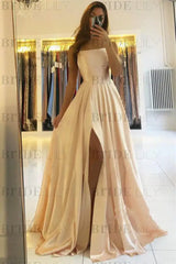 Spaghetti Straps Simple Satin Long Prom Dress with Slit