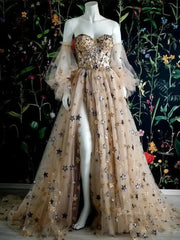 Champagne Starry Tulle Prom Dresses 2025 Strapless Removable Sleeve Formal Gown with Slit - FD5163