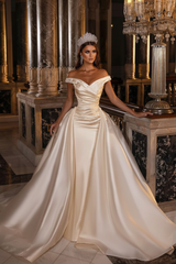 Sweetheart Backless Satin A-Line Off-The-Shoulder Bridal Gown with Ruffled Appliques