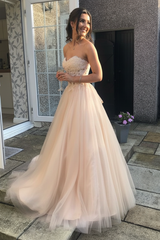 Sweetheart Open Back Pink Lace Long Prom Dresses Tulle Aline Formal Evening Dresses