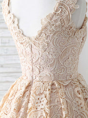 Champagne V Neck Lace Short Prom Dress Champagne Bridesmaid Dress