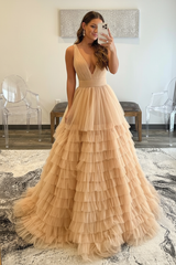 V Neck Layered Tulle Long Prom Dresses Orange Aline Formal Evening Dresses