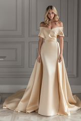 White Vintage Wedding Dress With Train Satin Off The Shoulder Wedding Dress Pleated Mermaid Bridal Gowns