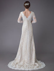 Champagne Wedding Dresses Lace V Neck Long Sleeve Sheath Boho Bridal Dress With Train Exclusive