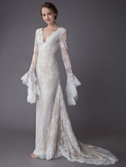 Champagne Wedding Dresses Lace V Neck Long Sleeve Sheath Boho Bridal Dress With Train Exclusive