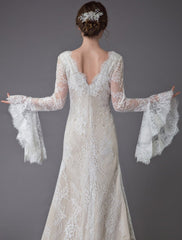 Champagne Wedding Dresses Lace V Neck Long Sleeve Sheath Boho Bridal Dress With Train Exclusive