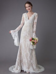 Champagne Wedding Dresses Lace V Neck Long Sleeve Sheath Boho Bridal Dress With Train Exclusive