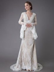 Champagne Wedding Dresses Lace V Neck Long Sleeve Sheath Boho Bridal Dress With Train Exclusive