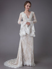 Champagne Wedding Dresses Lace V Neck Long Sleeve Sheath Boho Bridal Dress With Train Exclusive