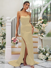 Sheath/Column Elastic Woven Satin Ruched Square Sleeveless Sweep/Brush Train Bridesmaid Dresses