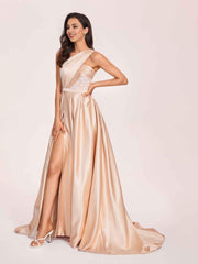 Champagne One Sholder Long with Diamond Waist and Attached Train Formal Prom Dress