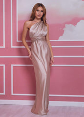 Champagne One Shulder Front Fold Long Formal Bridesmaid Dress
