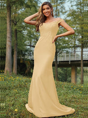 Sheath/Column Jersey Applique Off-the-Shoulder Sleeveless Sweep/Brush Train Bridesmaid Dresses
