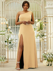 Sheath/Column Jersey Ruffles One-Shoulder Sleeveless Sweep/Brush Train Bridesmaid Dresses