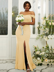 Sheath/Column Jersey Ruffles Off-the-Shoulder Sleeveless Sweep/Brush Train Bridesmaid Dresses