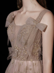 A-Line Champagne Tulle Lace Long Prom Dress, Champagne Long Evening Dress
